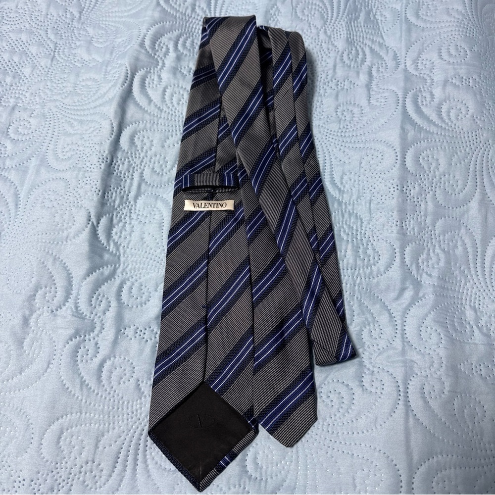 Valentino Gray Tie with Blue Stripe Pattern A37